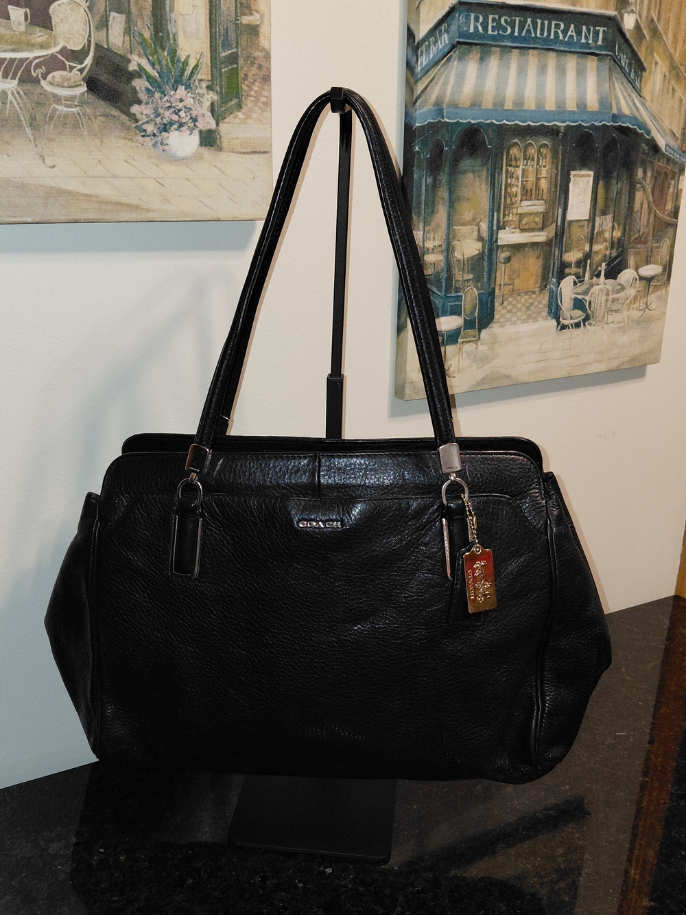 Coach Madison Kimberly Carryall Black Pebbled Leather Tote with Gold Tag